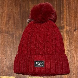 UGG dark red Cable Knit Beanie with Pom